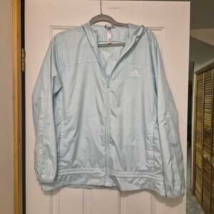 Adidas WIND.RDY Womens Light Blue Ripstop Hooded Windbreaker Jacket Large Logo L